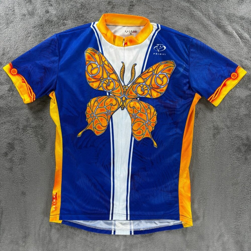 Primal Men XL Butterfly Cycling Jersey Blue Yellow Orange 3/4 Zip Bike Shirt
